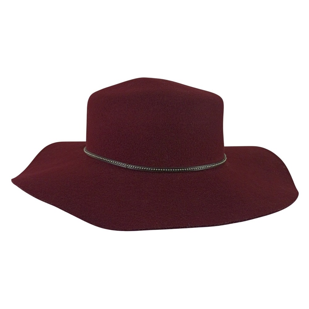 Lucky Brand Womens Wide Brim Floppy Felt Hat Burgundy Maroon Beaded Boho Cozy Fe